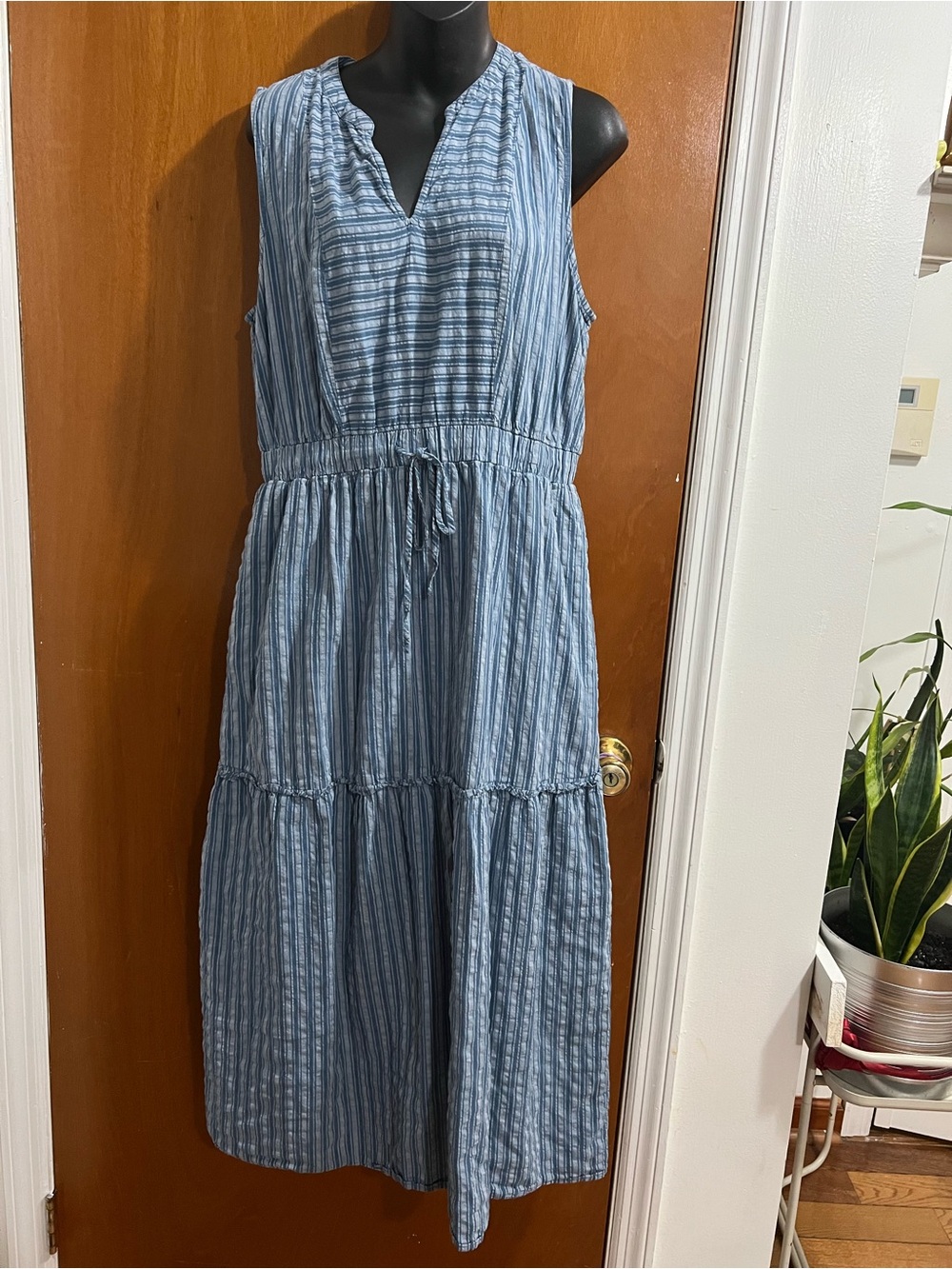 Sonoma Blue Striped Sleeveless Tie-Waist Maxi Dress